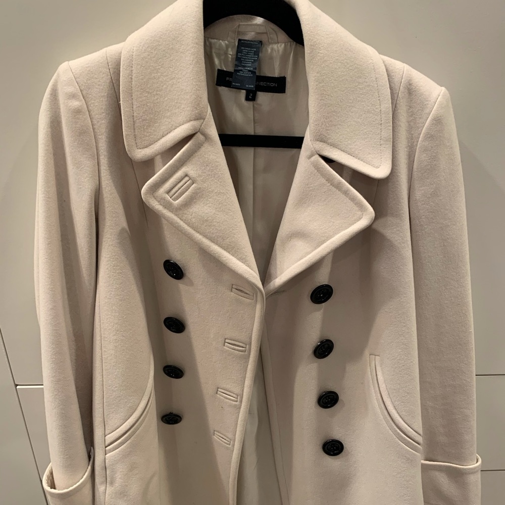 Gorgeous Cream French Connection mid length coat with black buttons